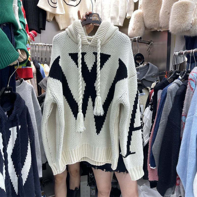 Áo Khoác Dệt Kim Có Mũ Trùm Dáng Rộng In Họa Tiết Thời Trang Thu Đông Cho Nữ