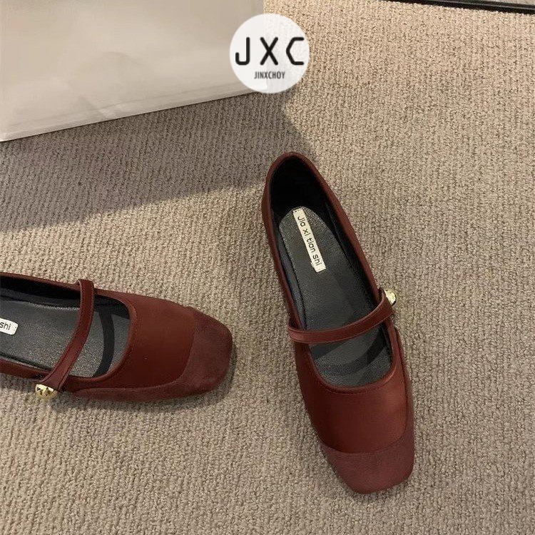 JINxCHOY     Giày Búp Bê Da Lộn Mũi Vuông Đế Thấp Thời Trang retro Cho Nữ