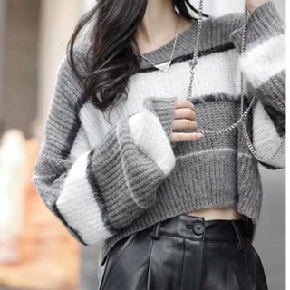 Áo Len Áo sweater Cổ Tròn Họa Tiết Kẻ Sọc Màu Xám Trắng Thời Trang Mùa Thu Phong Cách Hàn Quốc Mới Cho Nữ