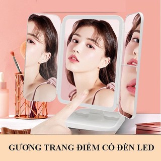 Gương trang điểm gập gọn Gương để bàn trang điểm có đèn led 3 màu cảm biến tay