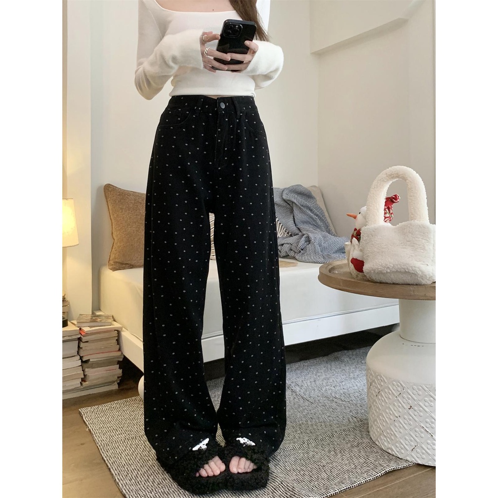 Quần Jean Nữ Ống Rộng Lưng Cao Màu Đen Thời Trang Mùa Đông 2023