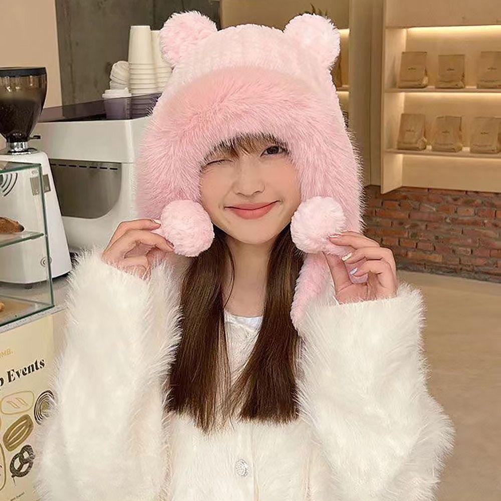 1 Mũ Len Tai Gấu Bông Giữ Ấm Mùa Đông Dành Cho Nữ