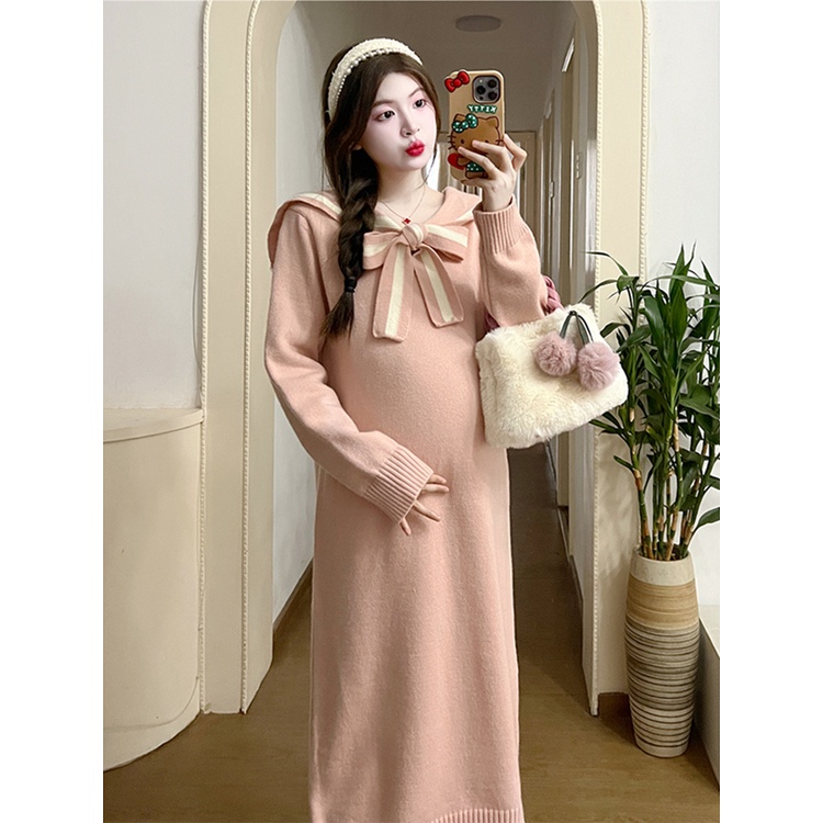 Đầm Dệt Kim Dáng Dài Cổ Thủy Thủ Thời Trang Thu Đông Xinh Xắn Cho Mẹ Bầu