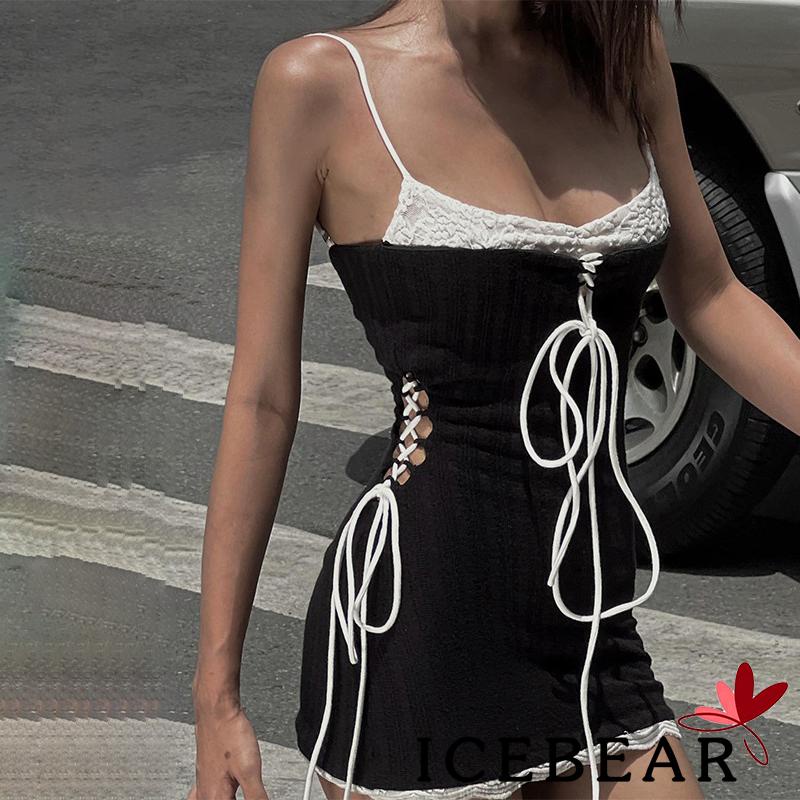 Đầm Hai Dây Hở Lưng Ôm Dáng Màu Sắc Tương Phản Thời Trang Mùa Hè Cho Nữ