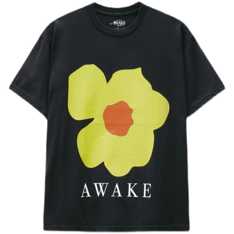 Awake Áo Thun cotton Tay Ngắn Cổ Tròn Dáng Rộng In Hình Hoa Màu Đen Thời Trang Mùa Hè Cho Nam