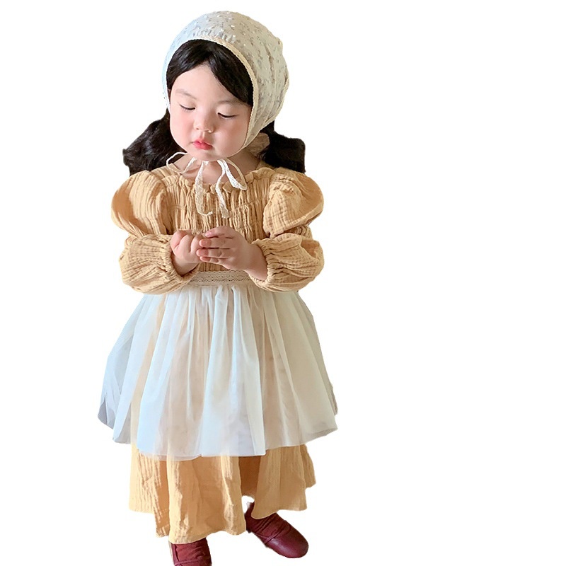 Zuo xiaoran Đầm Xếp Ly Phối Lưới Phong Cách Hàn Quốc Thời Trang Mùa Thu 2023 Dành Cho Bé Gái