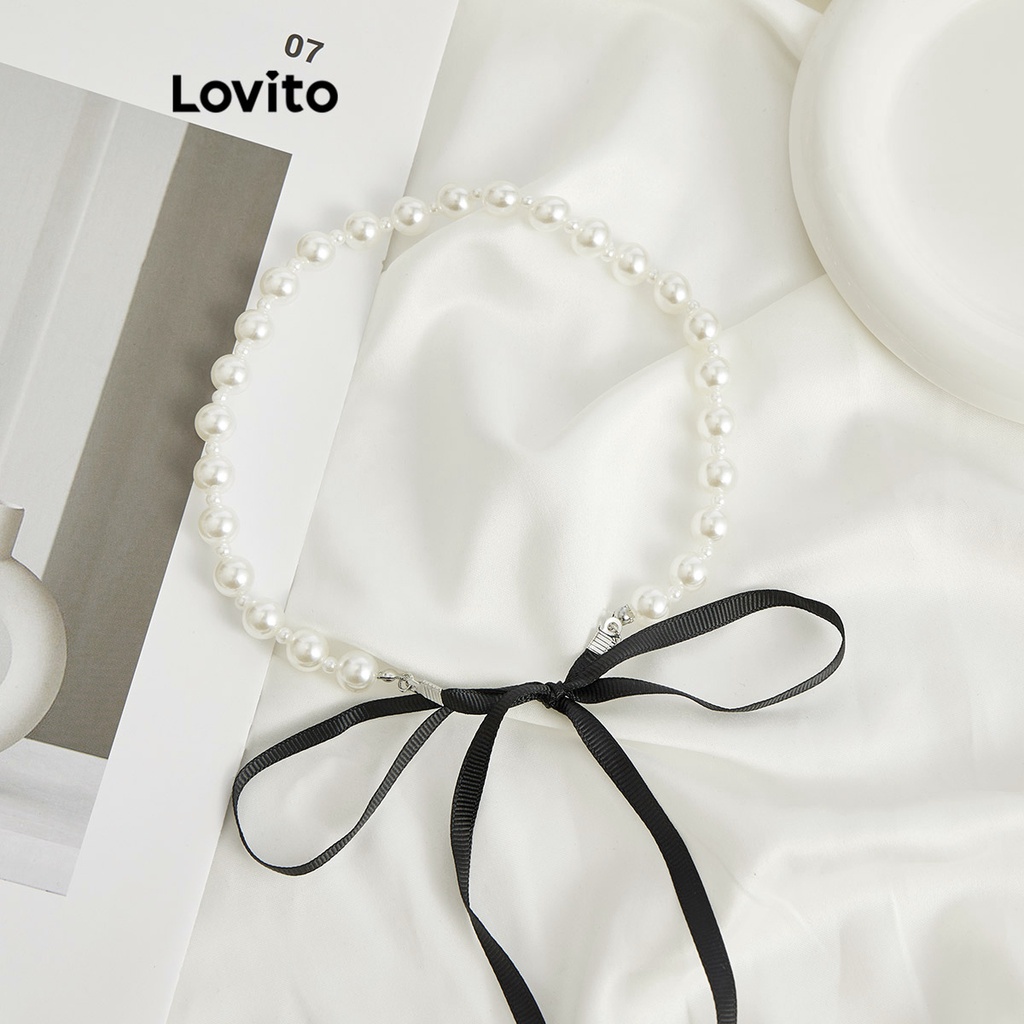 Vòng cổ Lovito ngọc trai đính nơ màu trơn thường ngày cho nữ L63AD018 (màu trắng)