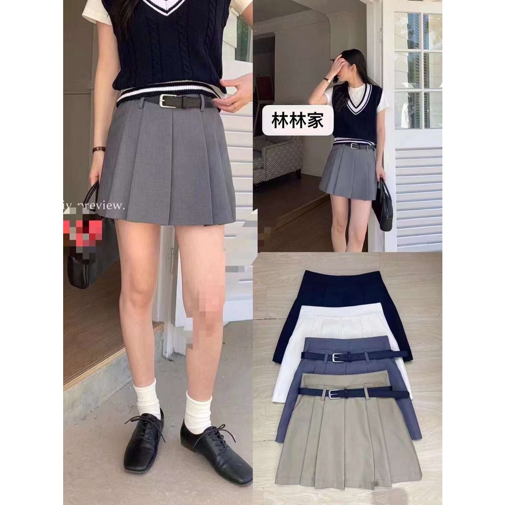 Chân váy ngắn xếp ly trước kèm belt CV-2339 CHALIN dáng chữ A có lớp lót lụa dễ mặc