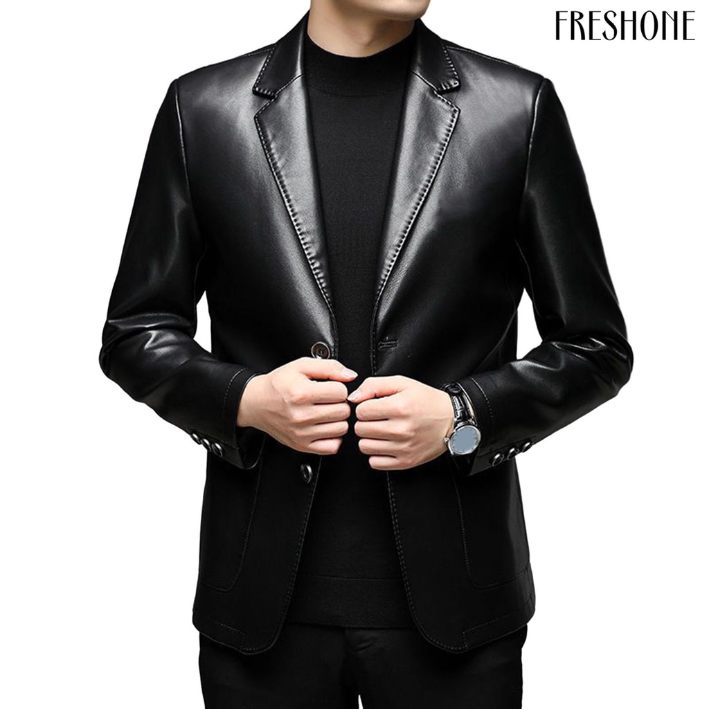 Áo Khoác Da Giả Cổ Bẻ Cài Nút Có Túi Phong Cách Xuân Thu Cho Nam Doanh Nhân Ngoài Trời