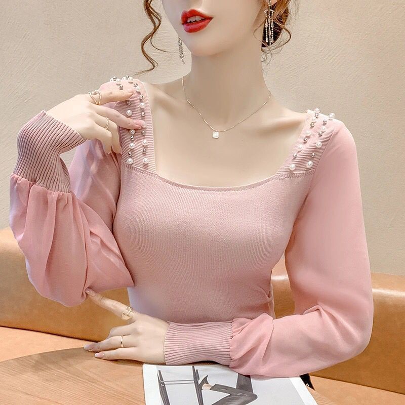 Áo sweater chiffon Cổ Vuông Tay Phồng Đính Hạt Phong Cách retro Thời Trang Mùa Xuân 2022 Mới