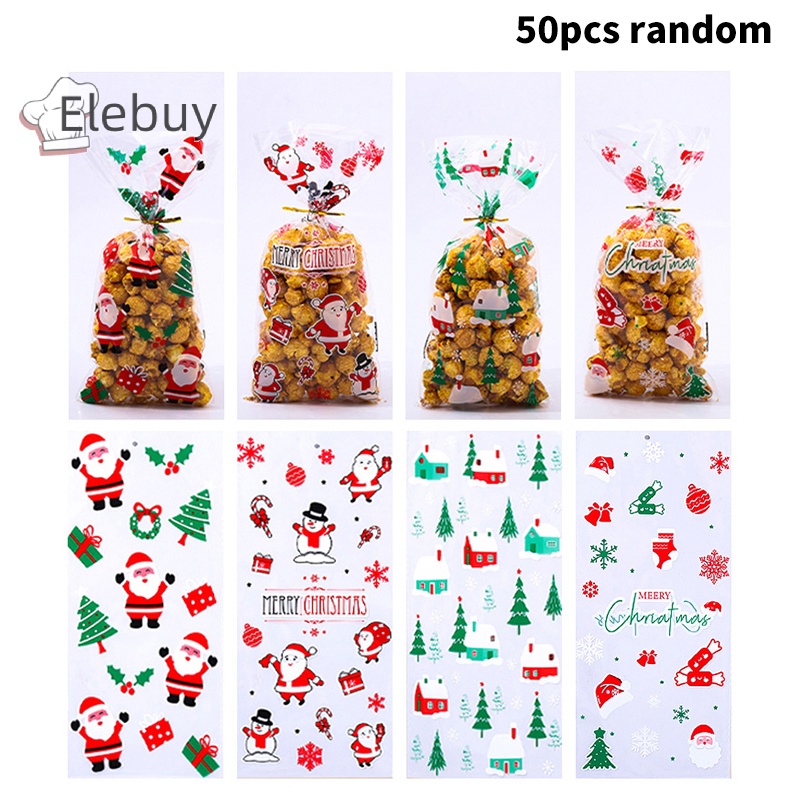 Set 50 túi đựng kẹo ELEBUY bằng nhựa với dây ruy băng đựng quà tặng giáng sinh/ trang trí tiệc cho trẻ em