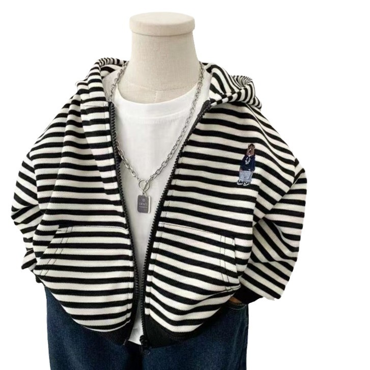 Áo Khoác Có Nón Phối Khóa Kéo Họa Tiết Kẻ Sọc Trắng Đen 80-140cm Phong Cách Hàn Quốc Thời Trang Mùa Thu Cho Bé