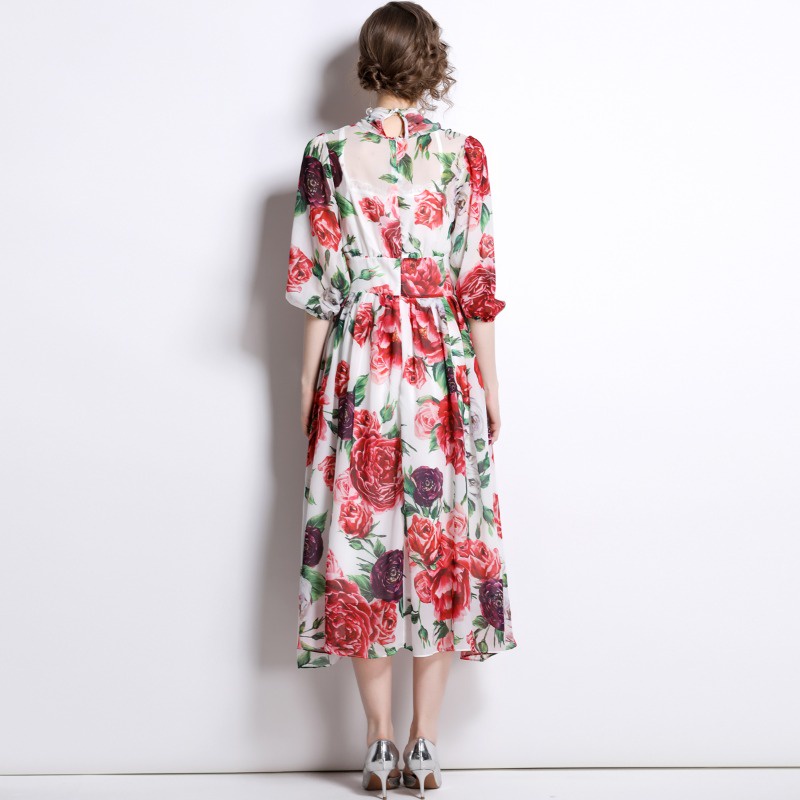 Đầm chiffon Chữ a Tay Dài Cổ Thắt Nơ Eo Cao In Họa Tiết vintage Thanh Lịch Thời Trang Xuân Hè Dành Cho Bạn Nữ