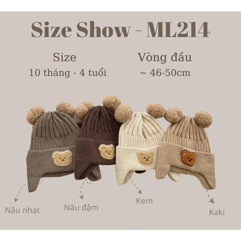 Mũ len cừu 2 quả bông hình mặt gấu cho bé
