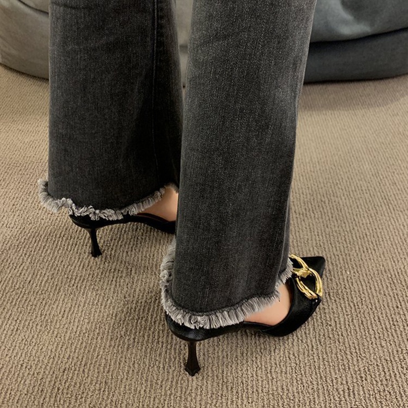 Hong Kong Premium shoes❥Giày Cao Gót Mũi Nhọn Phối Xích Kim Loại Thời Trang Hàn Quốc Dành Cho Nữ