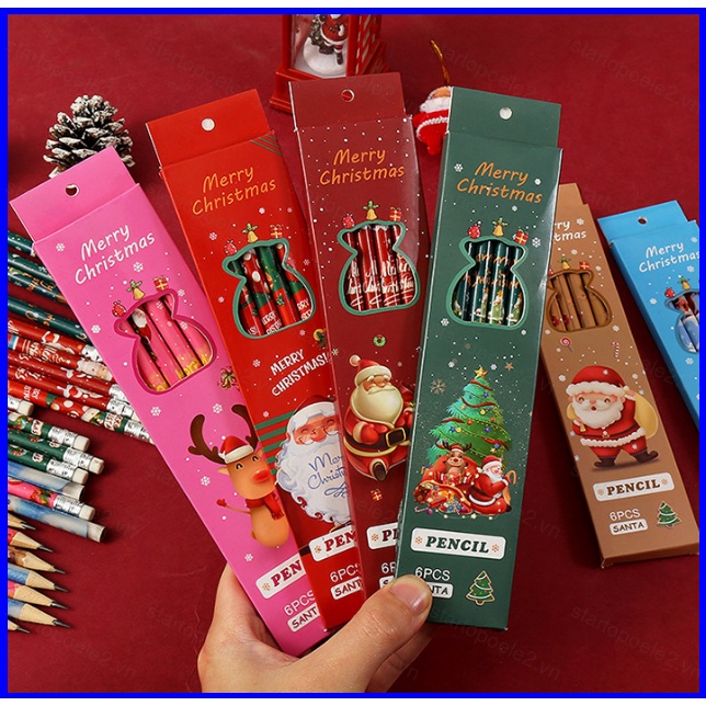 Set 6 Bút Chì + Gôm Tẩy Họa Tiết Hoạt Hình Giáng Sinh