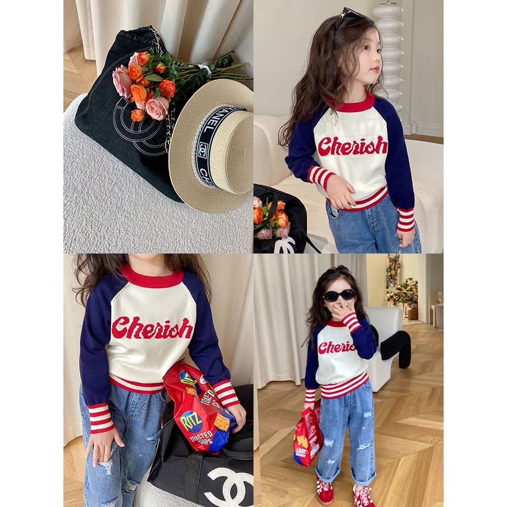 Áo Khoác Sweater Dệt Kim Phối Màu Tương Phản Thời Trang Xuân Thu 2023 Phong Cách Hàn Quốc Cho Bé Gái