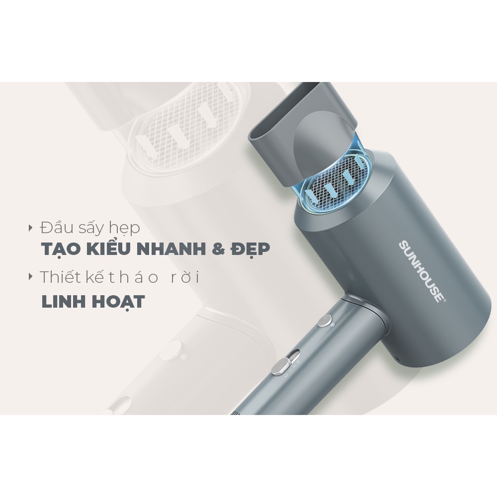 Máy sấy tóc SUNHOUSE SHD2315G, 3 chế độ gió, công suất 2000w, 2 màu xanh, xám