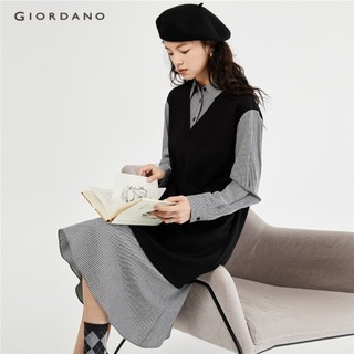 Đầm sơ mi GIORDANO 18463224 dệt kim giả hai lớp họa tiết kẻ sọc dành cho nữ