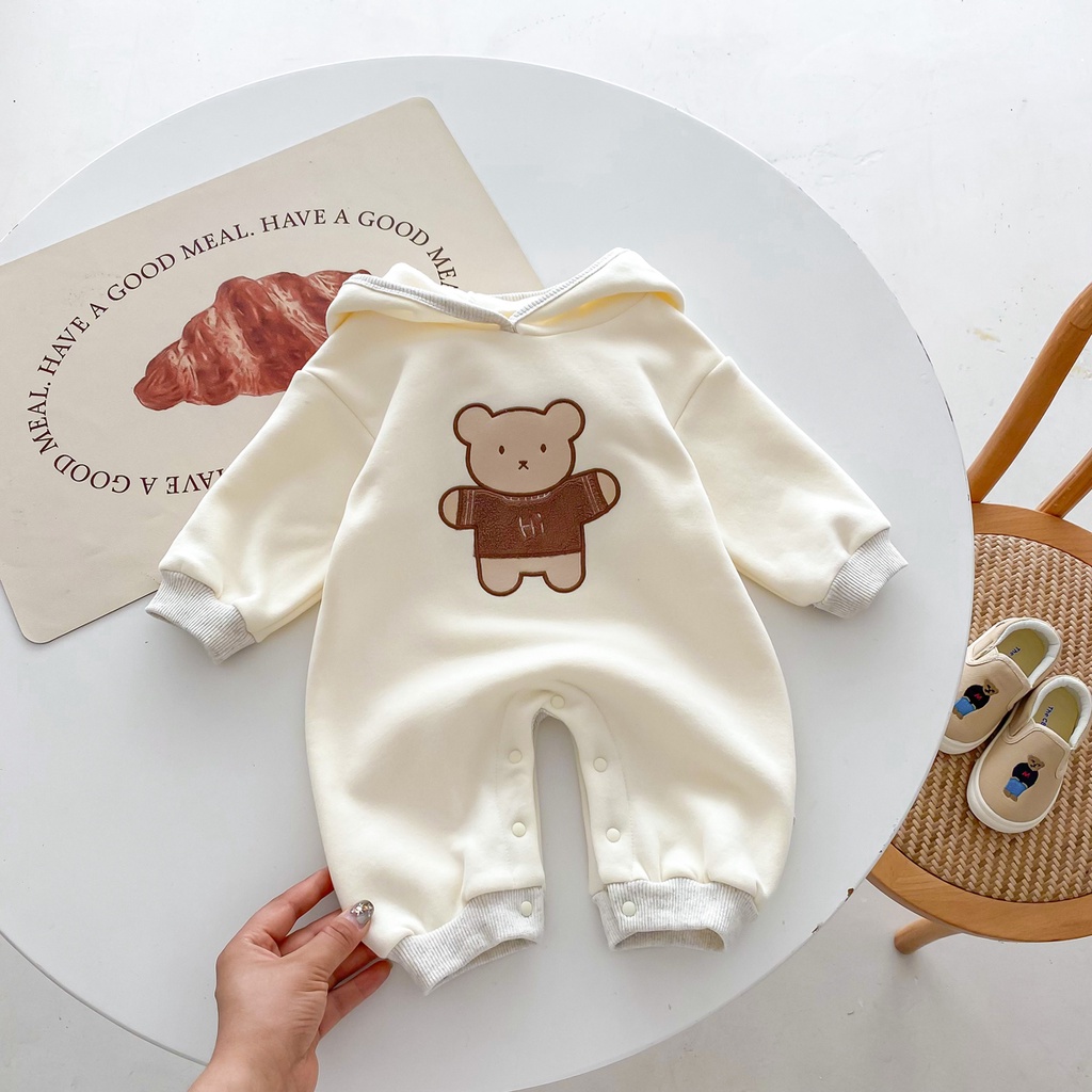 Bộ Áo Liền Quần Tay Dài Thêu Hình Gấu Dễ Thương Thời Trang Mùa Thu Cho Bé Sơ Sinh Từ 0-2 Tuổi