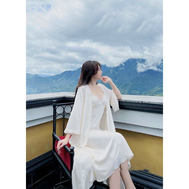 Sét 2  váy ngủ kèm áo choàng dài cao cấp Sét mặc nhà tiểu thư sang chảnh