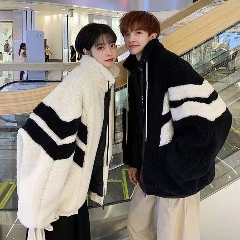 Sinransinya Áo Khoác Lông Cừu cotton Dày Giữ Ấm Màu Trắng Đen Phong Cách retro Đường Phố Mỹ Cho Nam Nữ