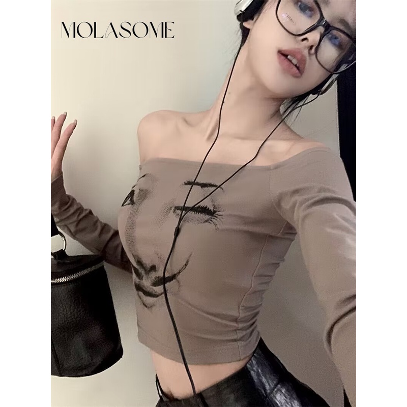 Polaroisome Áo Thun Tay Dài Hở Vai Dáng Ôm Màu Trơn Thời Trang 2023 Dành Cho Bạn Nữ