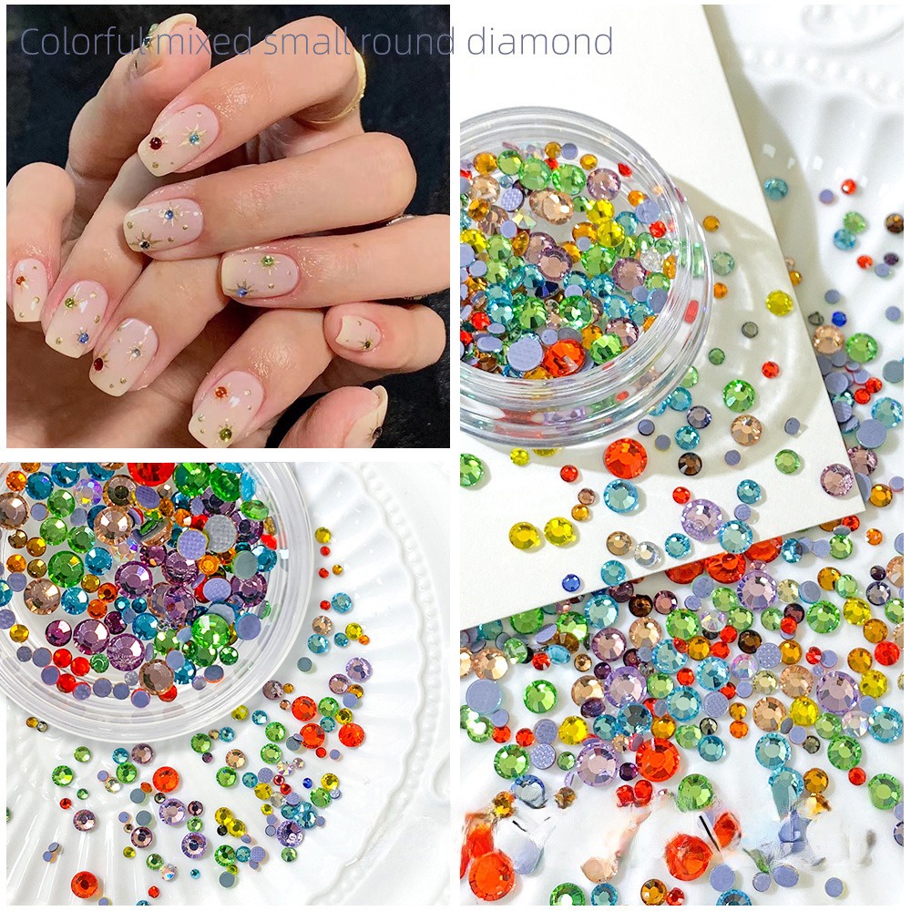 ♕ Nail Art Trang sức kim cương nước nhiều màu sắc Hỗn hợp màu Đáy phẳng Kính tròn Khoan ba chiều Trang trí móng tay Dụng cụ làm móng tay cho cửa hàng làm móng 1.6g NỘI THẤT