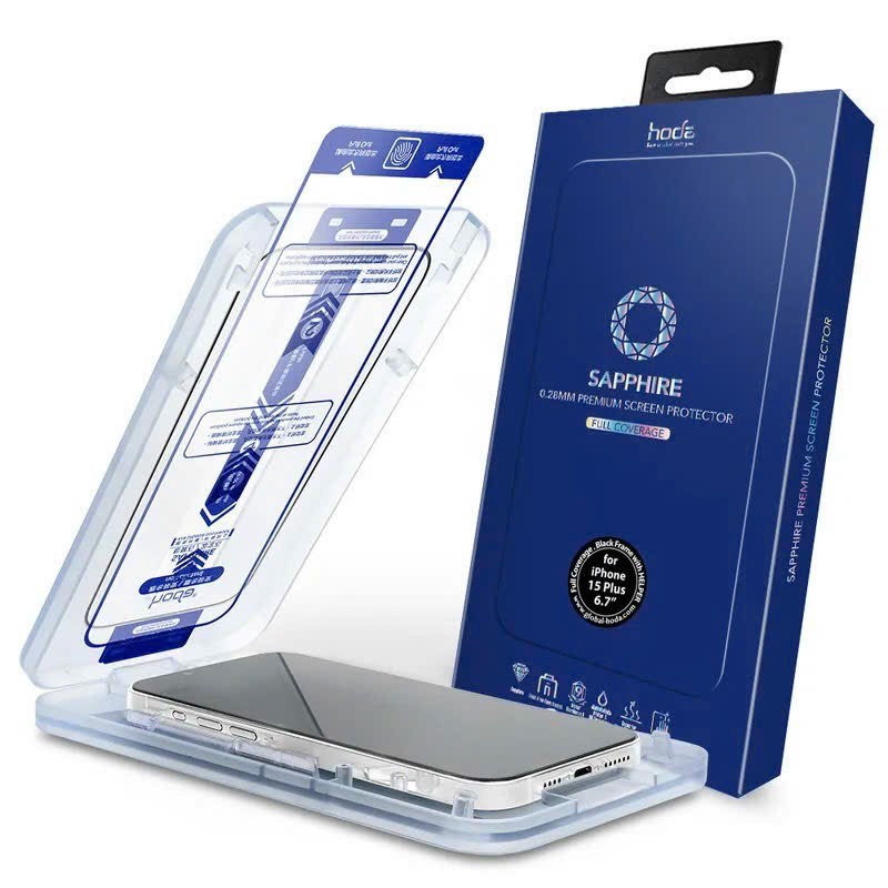 Kính cường lực Hoda Sapphire nguyên khối kèm khung trợ dán cho IPhone 15 , 15 Pro Max , 15 Pro , 14 Pro Max , 13 Pro Max