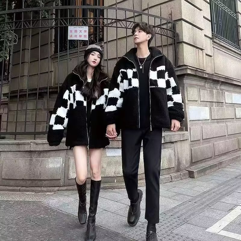 Áo khoác AOKANG len lông cừu dáng rộng họa tiết kẻ caro phong cách Hàn Quốc đơn giản thời trang thu đông cho cặp đôi