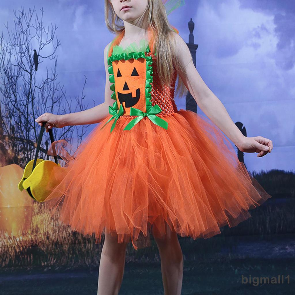 Topmall Set Đầm Hóa Trang Bí Ngô halloween + Túi Kẹp Tóc Dễ Thương Cho Bé Gái 2-9 Tuổi