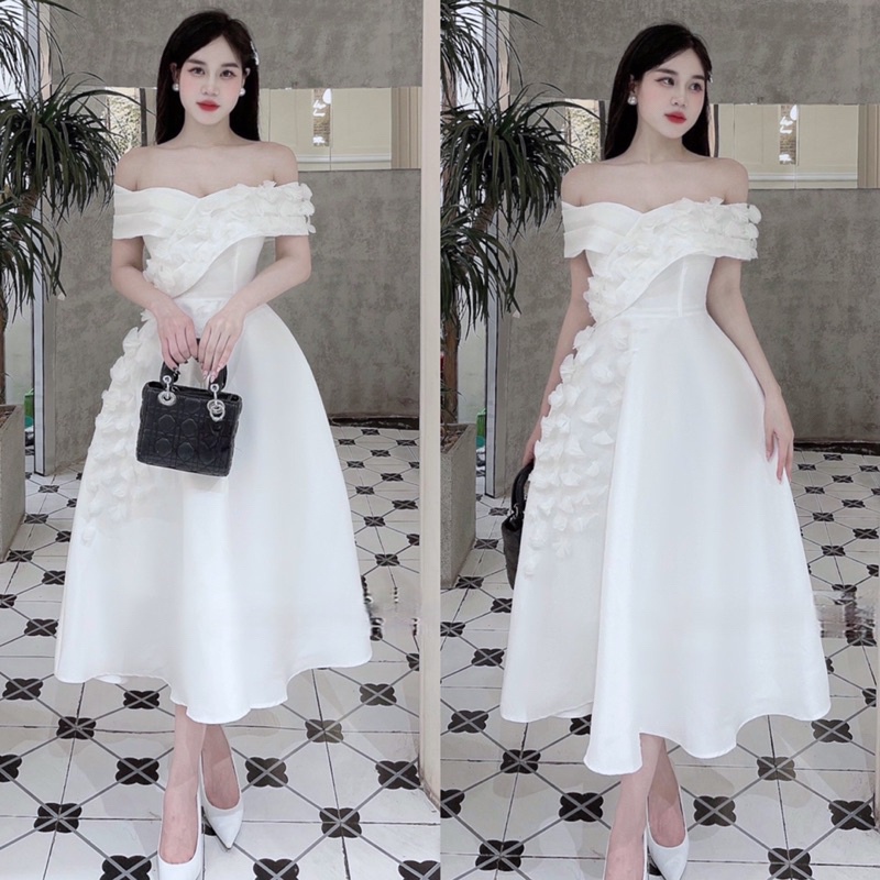 ❤️ V248 VÁY TRẮNG TRỄ VAI DỰ TIỆC, đầm đính hoa cô dâu đi bàn miiu