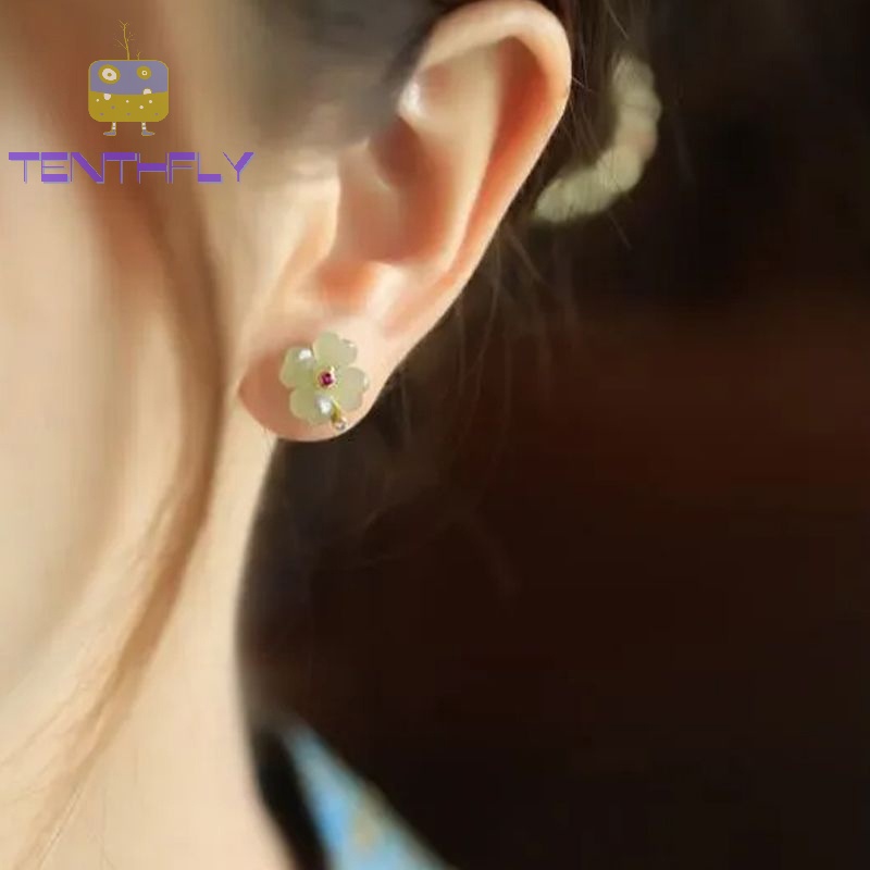 Bông Tai Hình Cỏ Bốn Lá May Mắn Đính Ngọc Bích Phong Cách retro