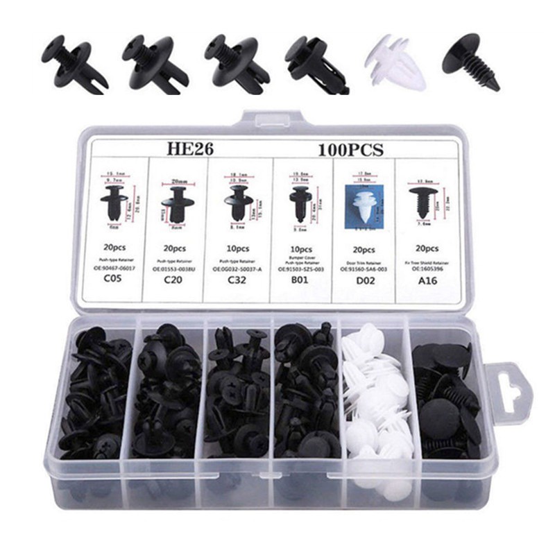 Hộp 100 Đinh Tán Chốt Vít Nở Bằng Nhựa LAMJAD-Cố Định Các Bộ Phận Trên Xe Hơi Kèm Hộp Và Dụng Cụ