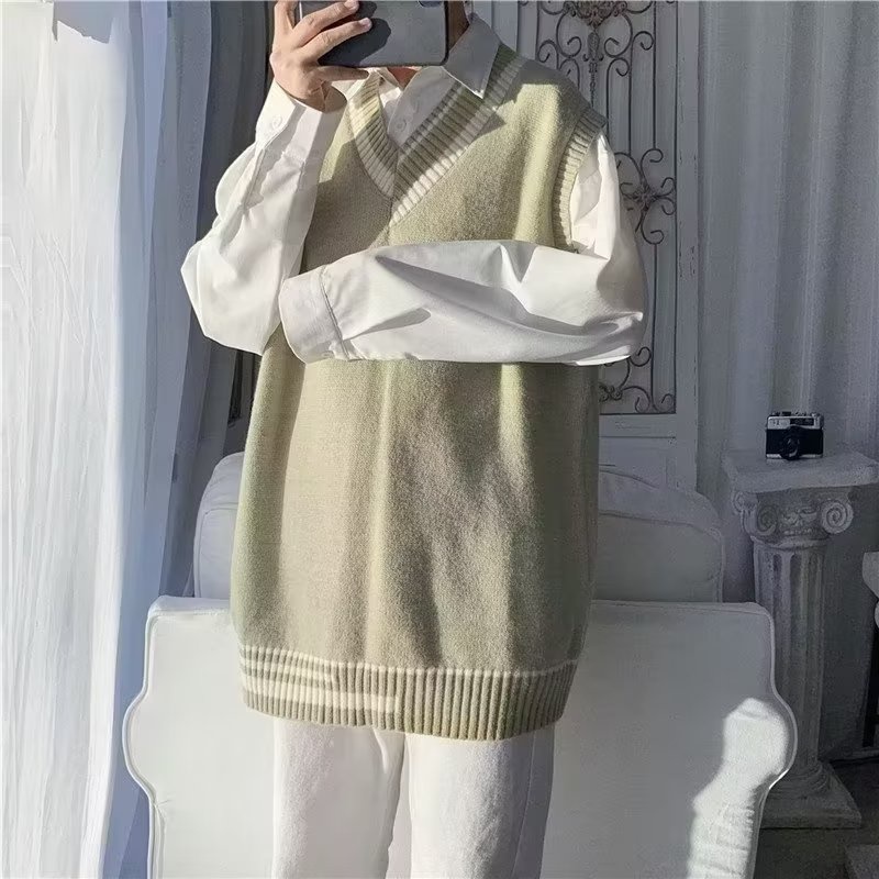 Áo sweater Dệt Kim Không Tay Cổ Chữ v Dáng Rộng Thời Trang Cho Nam