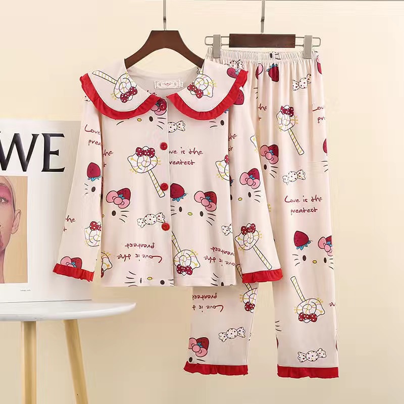 Bộ Đồ Ngủ 2 Món Gồm Áo Tay Dài Cổ Búp Bê Hoạt Hình + Quần Dài Cho Bé Gái