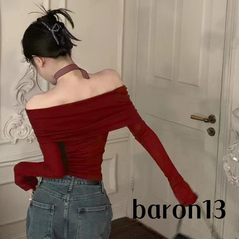 Xo8k-áo Thun Tay Dài Trễ Vai Màu Trơn Ôm Dáng Gợi Cảm Cho Nữ