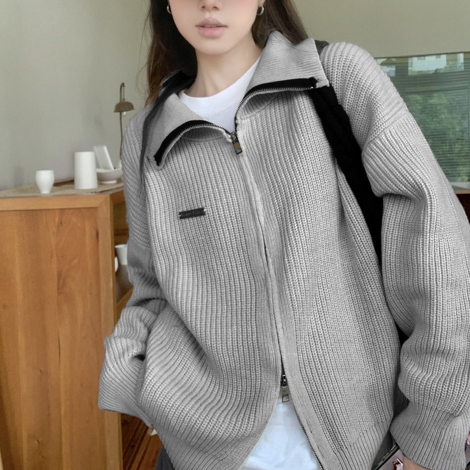 Cozok Áo Khoác cardigan Dệt Kim Tay Dài Màu Trơn Có Khóa Kéo Phong Cách retro