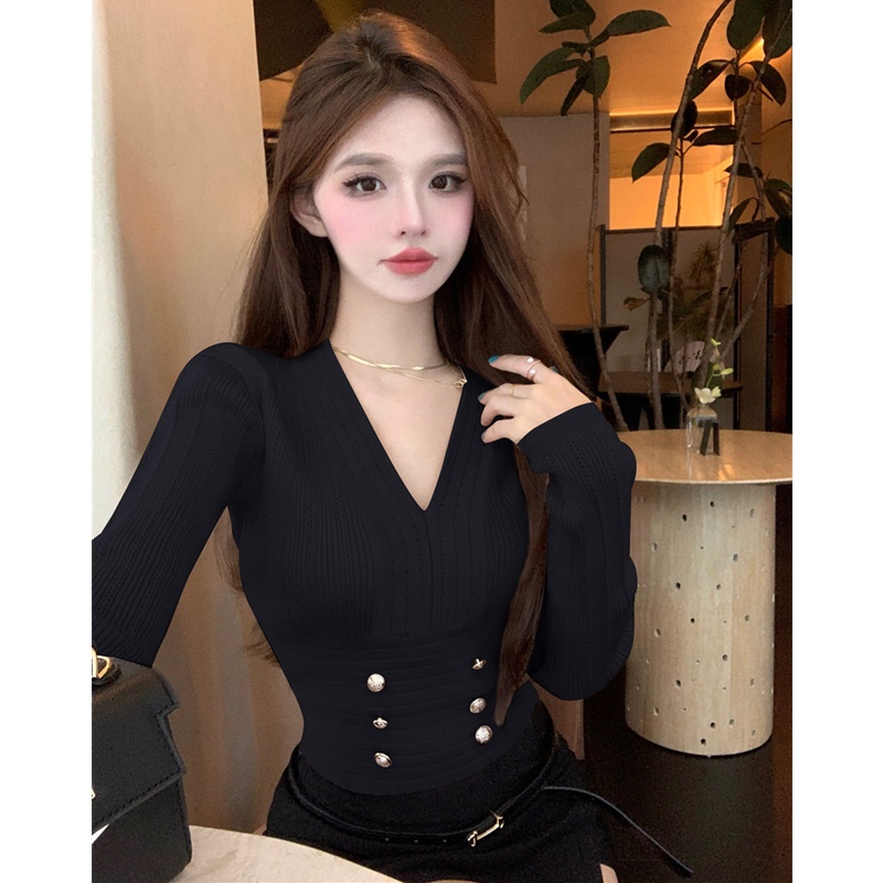 Áo Len Tay Dài Cổ Chữ v Dáng Ôm Thiết Kế Đơn Giản Thời Trang Mùa Thu