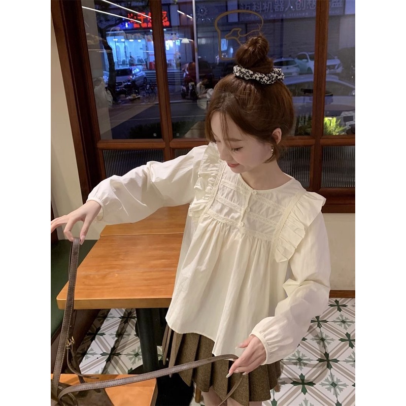 Áo Sơ Mi Dài Tay Phối Bèo Phong Cách Pháp Thời Trang Cho Nữ