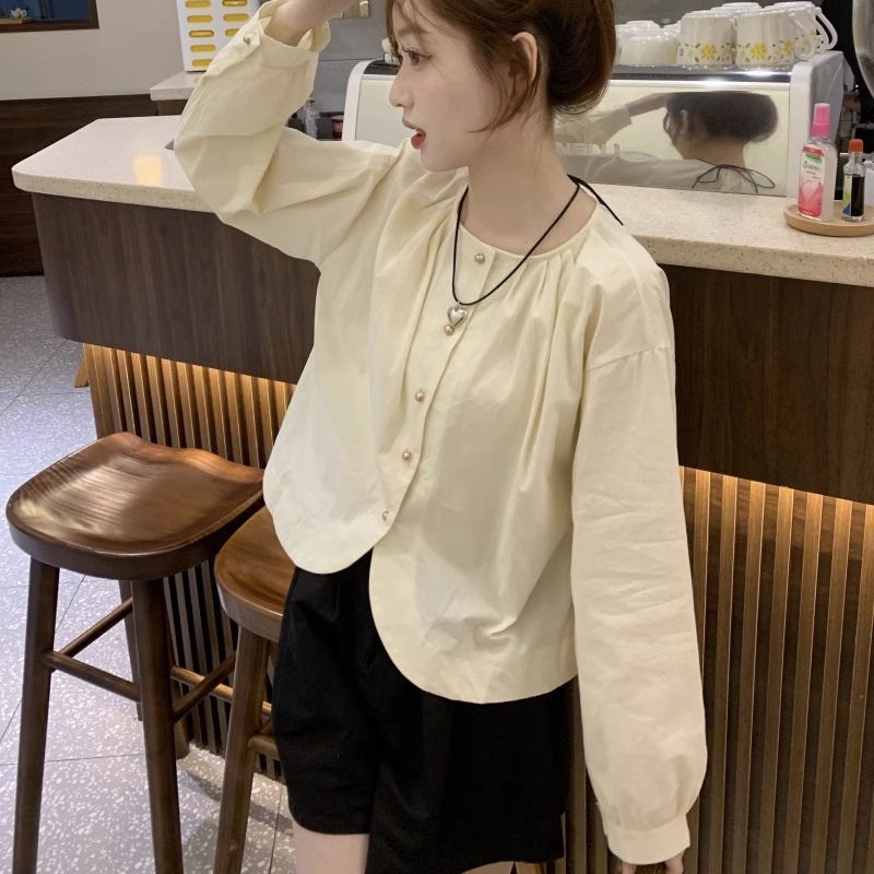 Liên Kết Liên Kết Với Nhau ♥ Áo Sơ Mi Tay Dài Cổ Tròn Màu Sắc Đơn Giản Phong Cách Hàn Quốc Thời Trang Cho Nữ