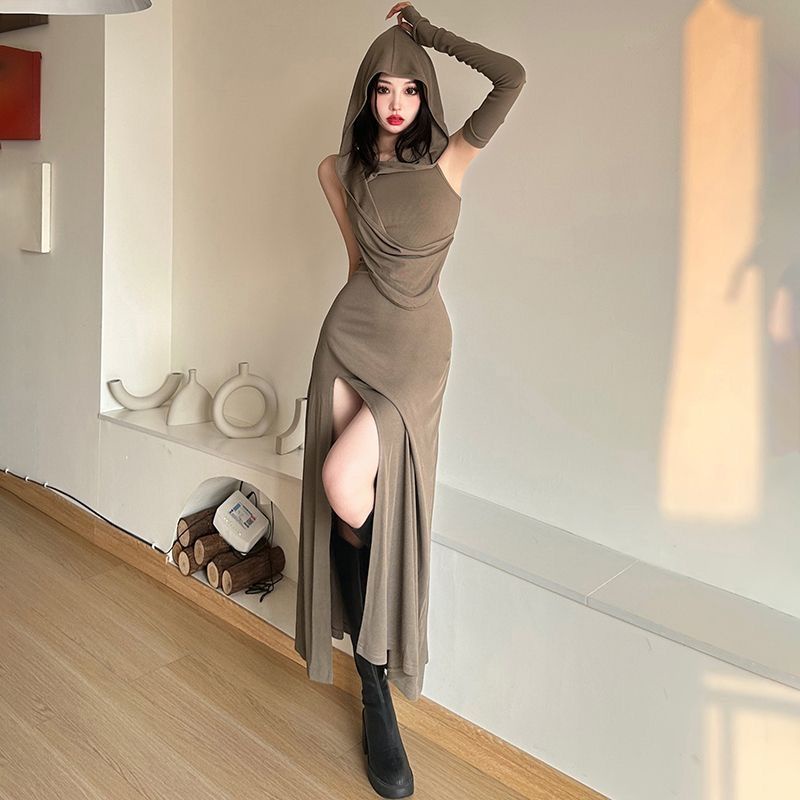 Klalien Đầm Dài Xẻ Tà Siêu Cao Có Mũ Trùm Phong Cách retro Cho Nữ hot