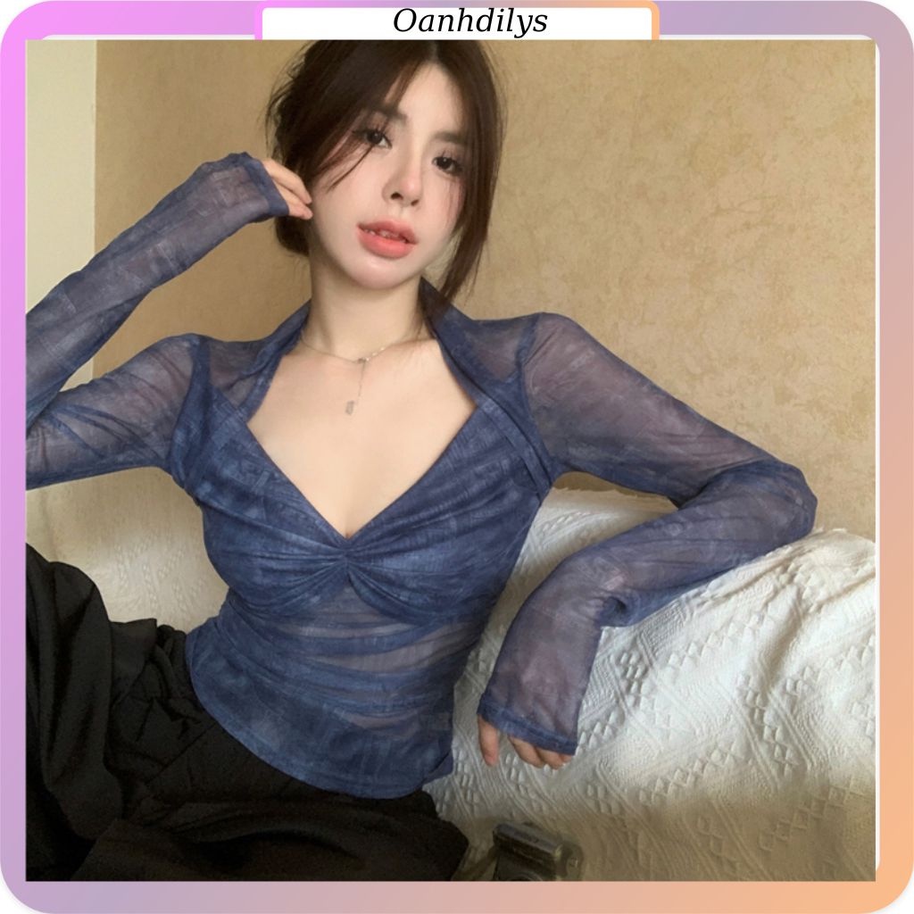 Áo lưới mỏng kiểu loang dài tay cổ vuông tôn dáng ôm body, áo thun mỏng nữ nhún ngực hàng order Taob