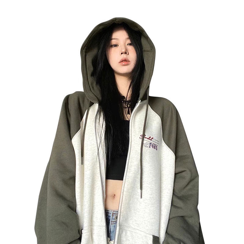 Pinxiang Áo Khoác Bóng Chày Có Mũ Trùm Phối Màu Tương Phản Kiểu Đường Phố Mỹ Cho Nữ