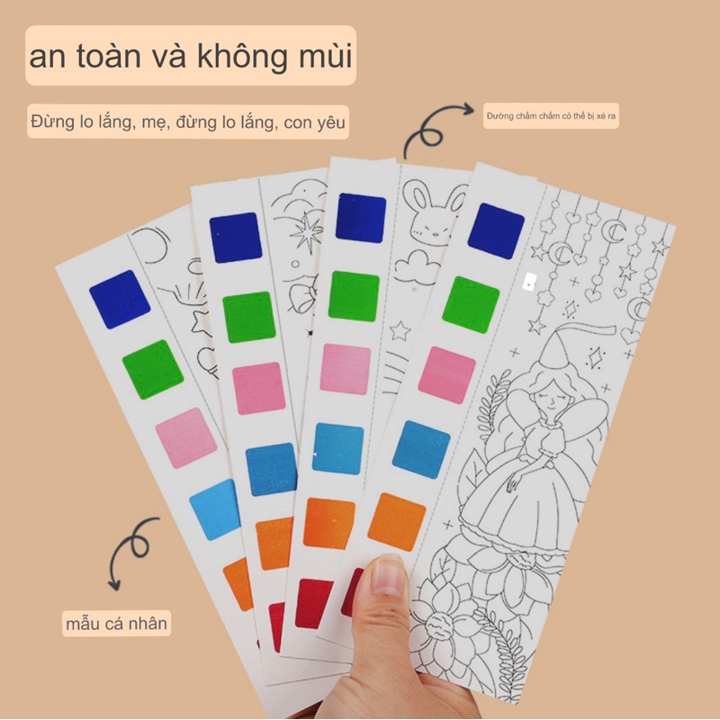Bộ tranh vẽ 12 tờ tập tô kèm màu + cọ cho bé, Sách tô màu dùng nước, đồ chơi sáng tạo E1440
