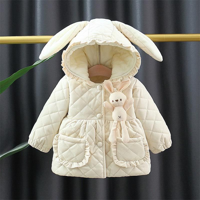 Aó khoác dài tay mũ tai thỏ, kèm gấu dáng xòe, lót nỉ nhung mềm cho bé gái size 8-17kg