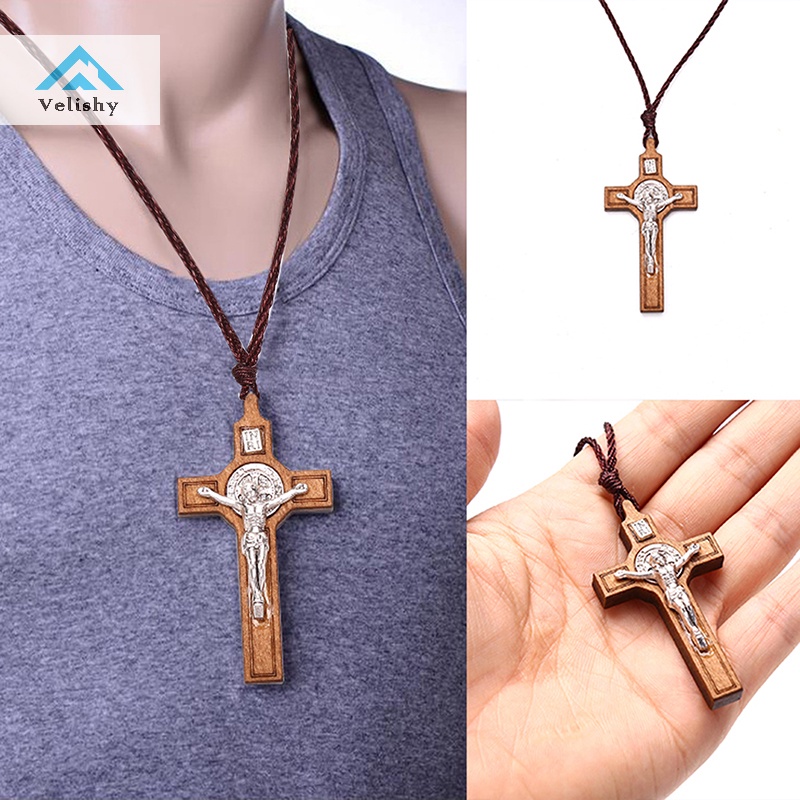 Velish Vòng cổ Mặt Gỗ Hình Thánh Giá Phong Cách retro