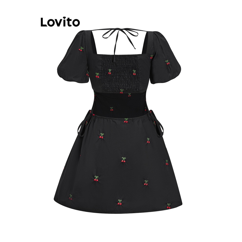 Đầm Lovito tay phồng cắt xẻ buộc dây màu trơn thường ngày cho nữ L61AD127 (Màu hồng/ đen)