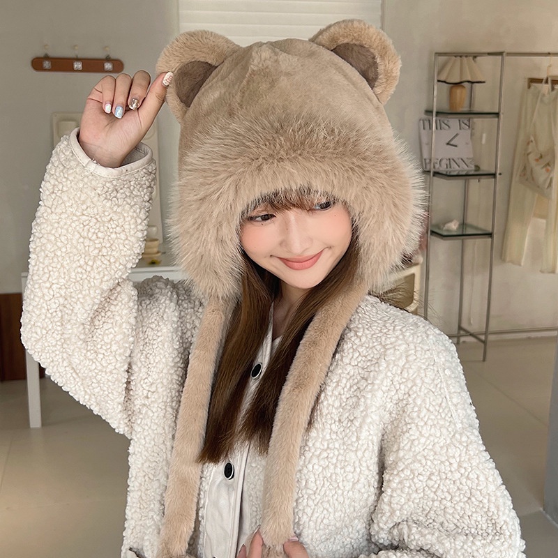 Mũ Tai Gấu Bông Dày Dặn Giữ Ấm Mùa Thu Đông Phong Cách Hàn Quốc Dễ Thương