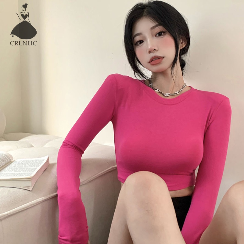 Áo croptop CRLNHC tay dài cổ tròn ôm dáng màu trơn thiết kế đơn giản phong cách Hàn Quốc thời trang mùa thu cho nữ